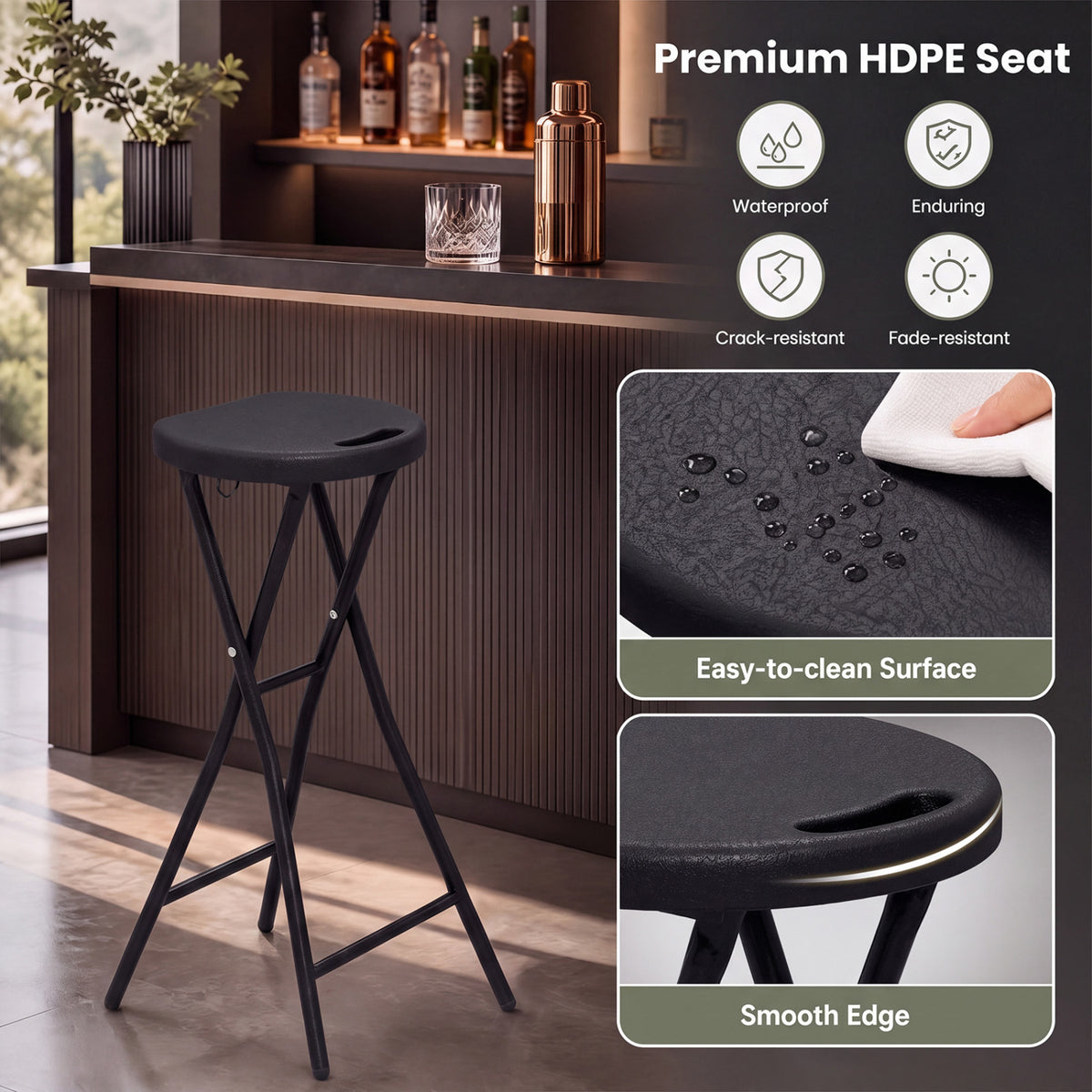 Set of 2 Folding Bar Stool 27.5 inches with HDPE Seat & Carry Handle for Kitchen Bar-Black view 4