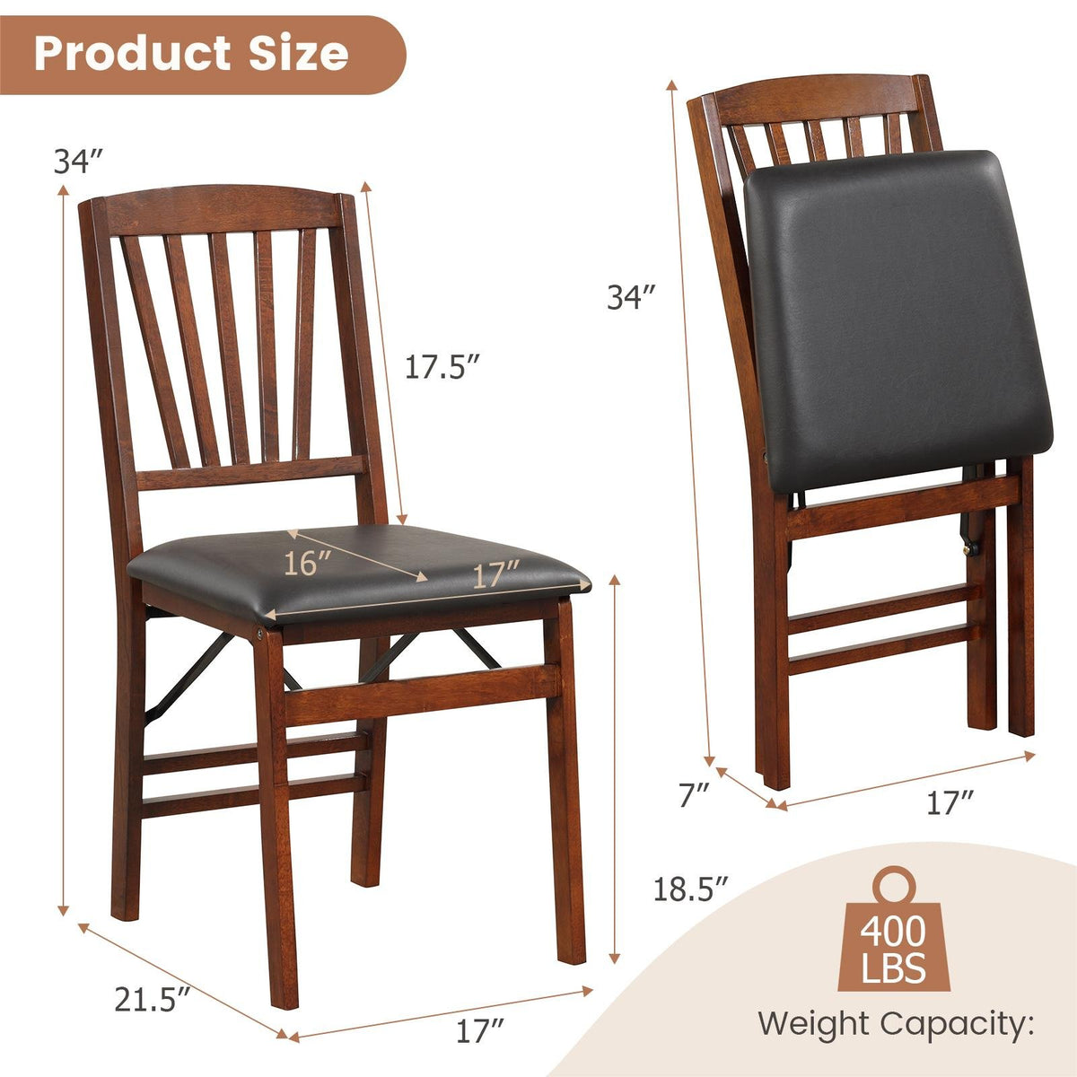 Set of 2 Folding Chairs with Padded Seat and Rubber Wood Frame-Brown view 4