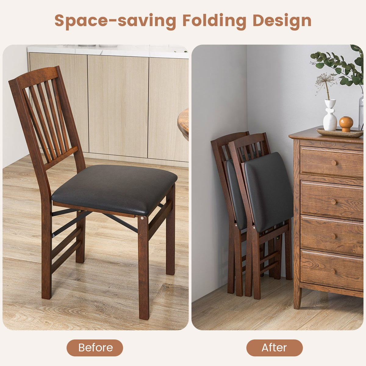 Set of 2 Folding Chairs with Padded Seat and Rubber Wood Frame-Brown view 6