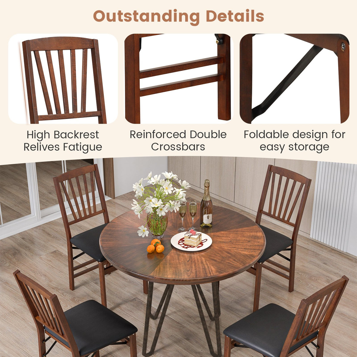 Set of 2 Folding Chairs with Padded Seat and Rubber Wood Frame-Brown view 8