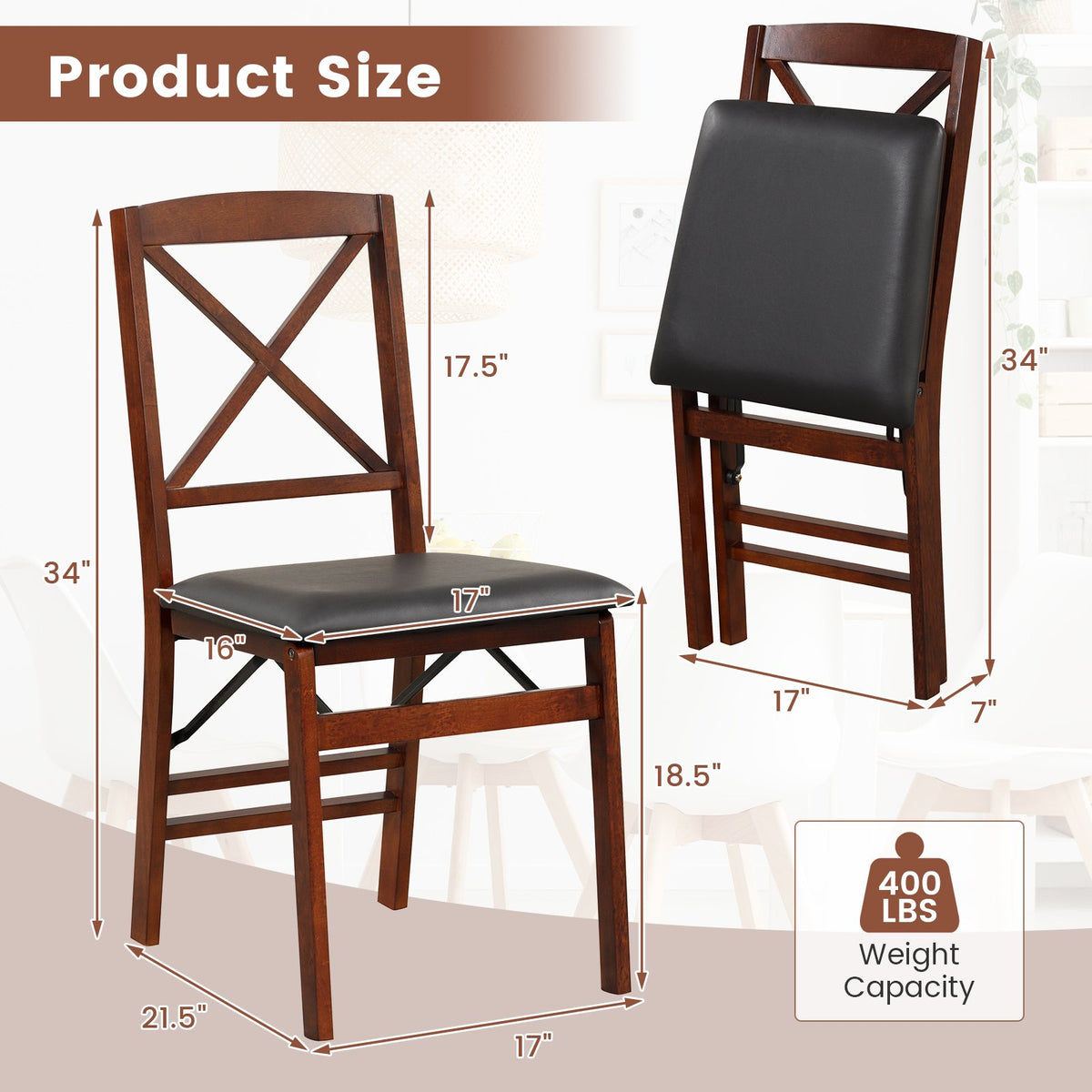 Set of 2 Folding Dining Chairs with 400 LBS Capacity-Brown view 4