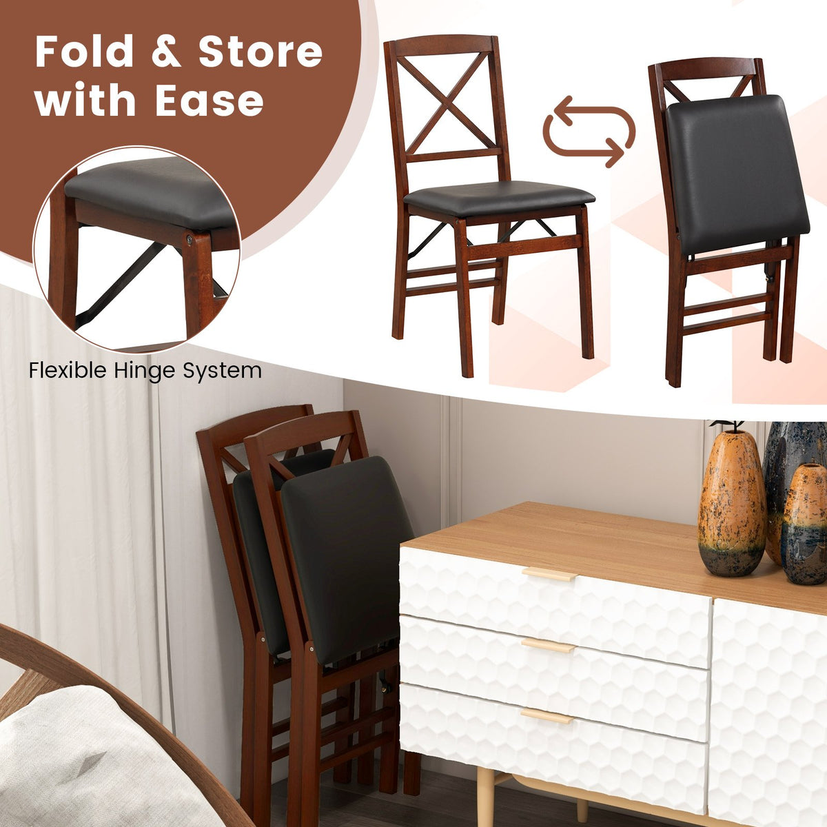 Set of 2 Folding Dining Chairs with 400 LBS Capacity-Brown view 6