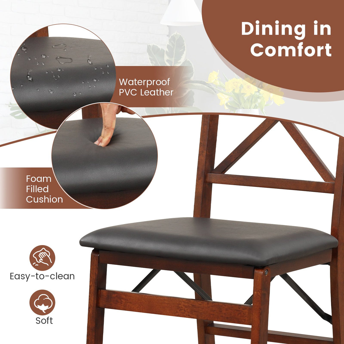 Set of 2 Folding Dining Chairs with 400 LBS Capacity-Brown view 7