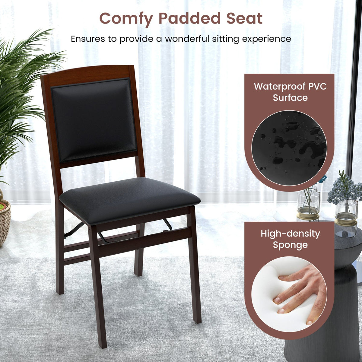 Set of 2 Folding Dining Chairs with Padded Seat and High Backrest-Brown view 5