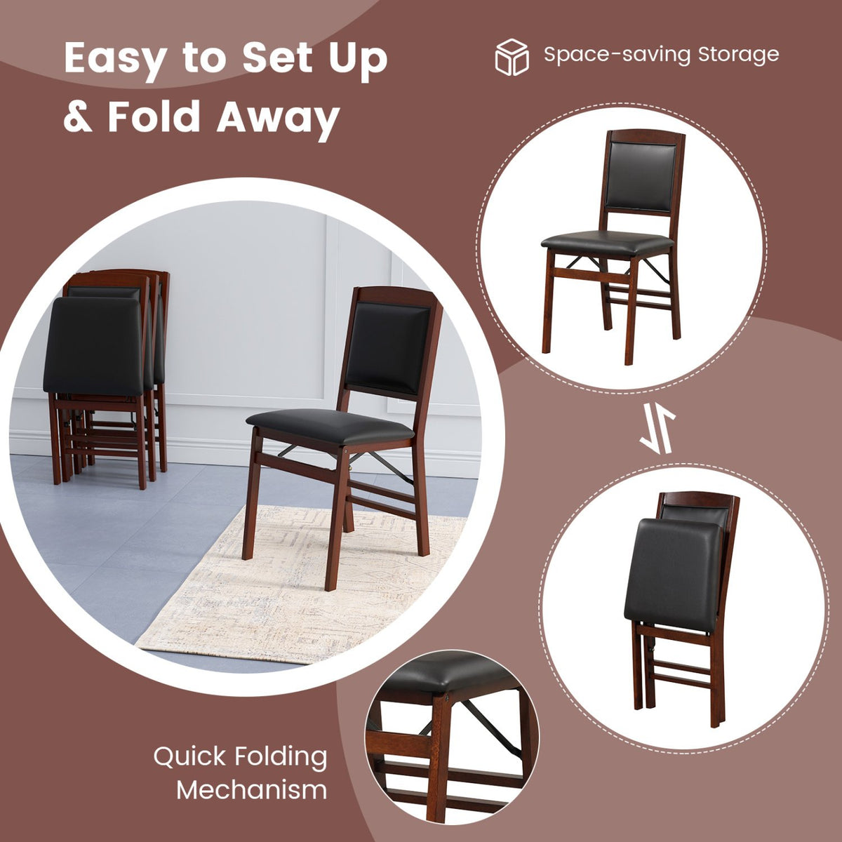 Set of 2 Folding Dining Chairs with Padded Seat and High Backrest-Brown view 7
