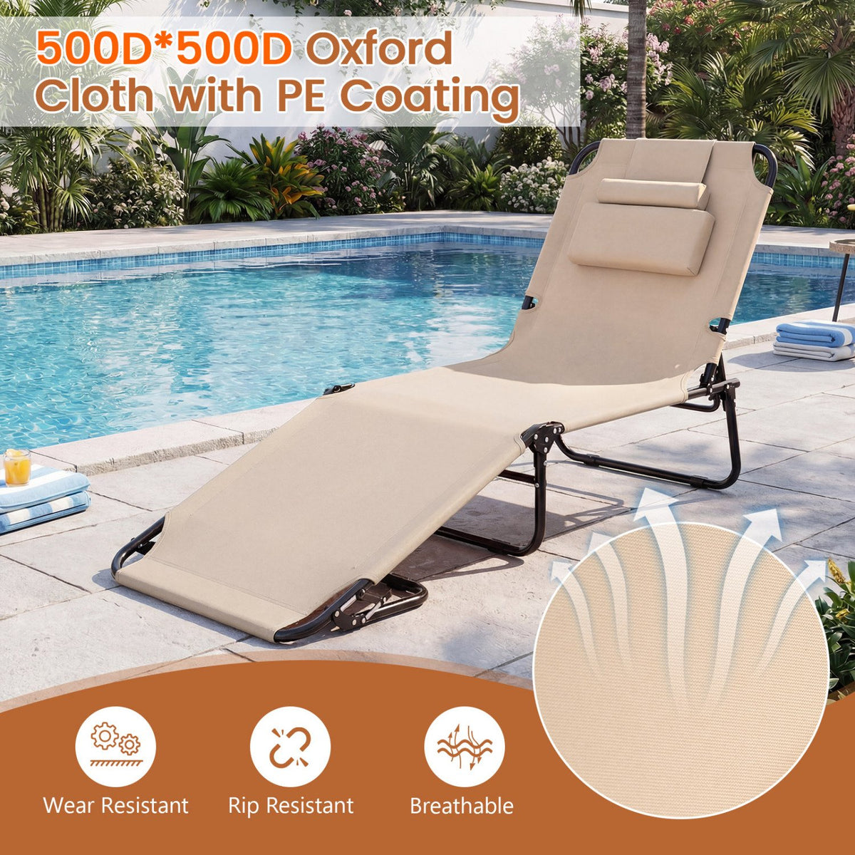 Set of 2 Folding Face Down Tanning Chair with Face Hole 3 Removable Pillows-Beige view 5