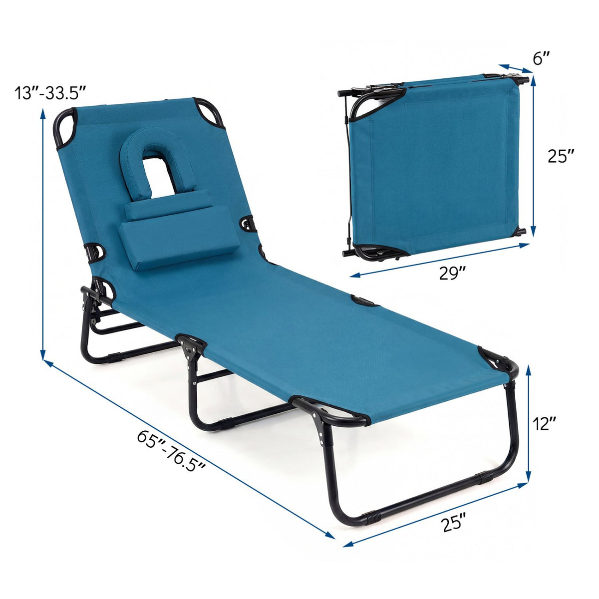 Set of 2 Folding Face Down Tanning Chair with Face Hole 3 Removable Pillows-Blue view 4