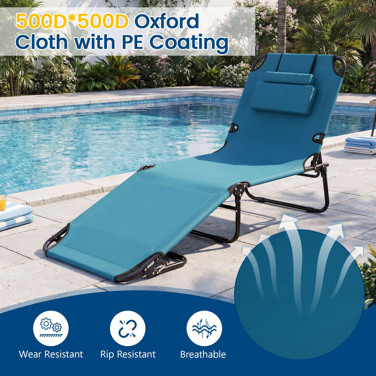Set of 2 Folding Face Down Tanning Chair with Face Hole 3 Removable Pillows-Blue view 5