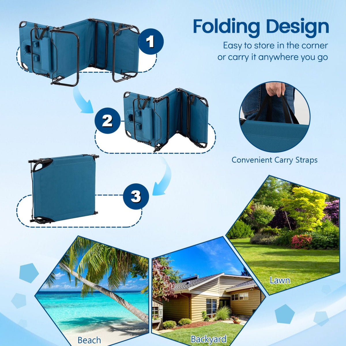 Set of 2 Folding Face Down Tanning Chair with Face Hole 3 Removable Pillows-Blue view 9