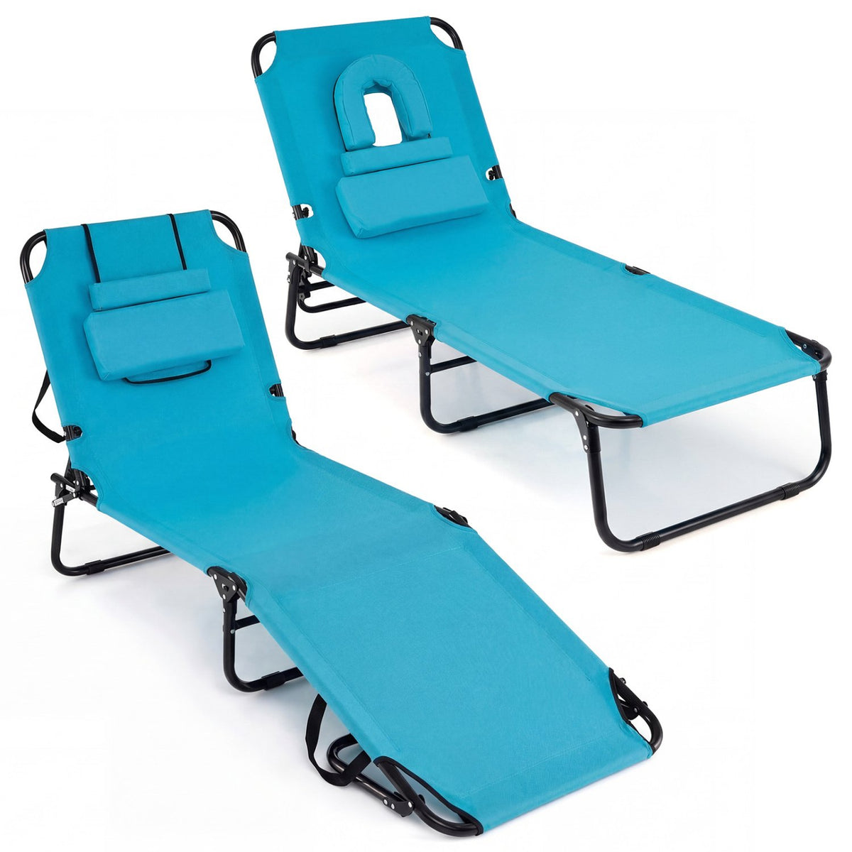Set of 2 Folding Face Down Tanning Chair with Face Hole 3 Removable Pillows-Navy