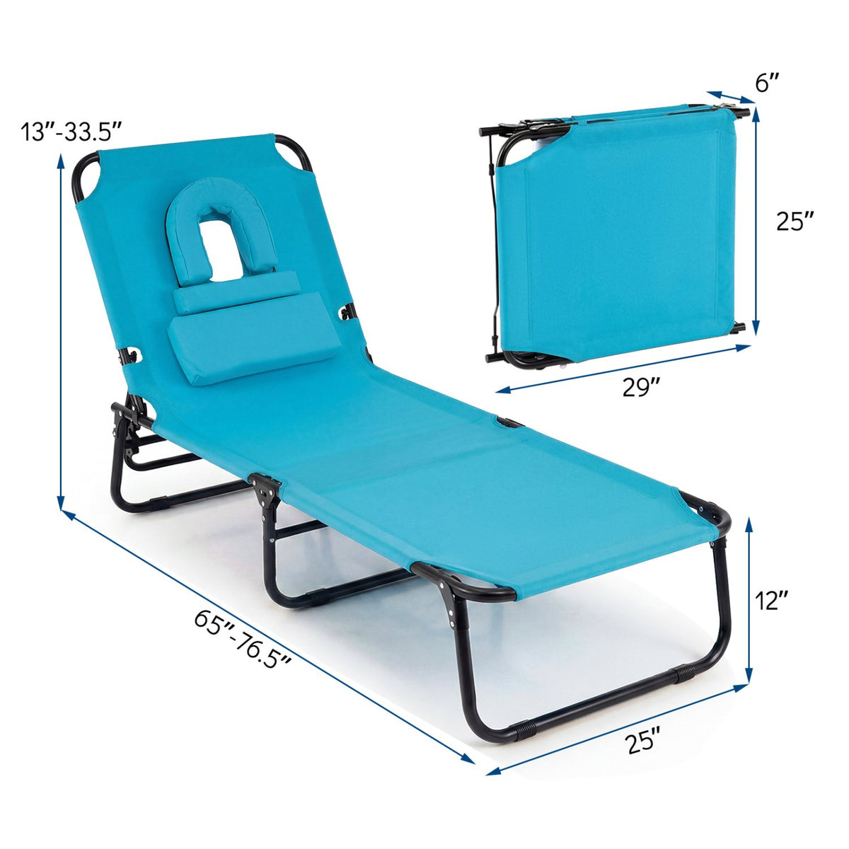Set of 2 Folding Face Down Tanning Chair with Face Hole 3 Removable Pillows-Navy view 4