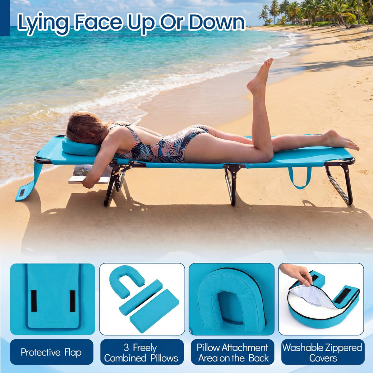 Set of 2 Folding Face Down Tanning Chair with Face Hole 3 Removable Pillows-Navy view 7