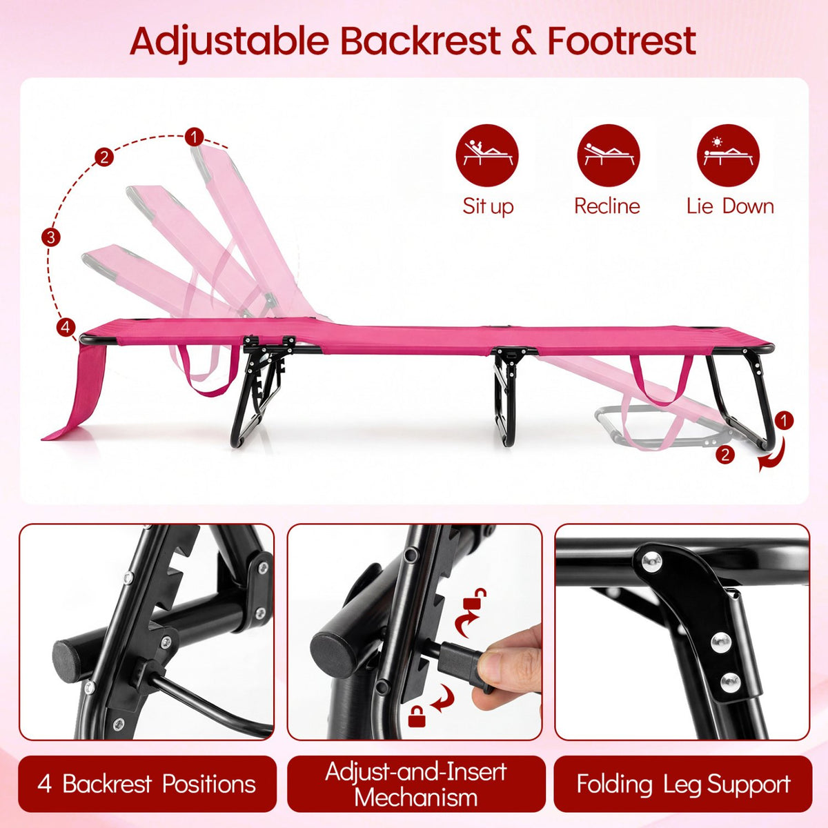 Set of 2 Folding Face Down Tanning Chair with Face Hole 3 Removable Pillows-Pink view 6