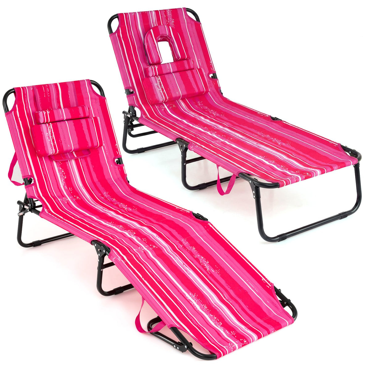 Set of 2 Folding Face Down Tanning Chair with Face Hole 3 Removable Pillows-Pink Stripe