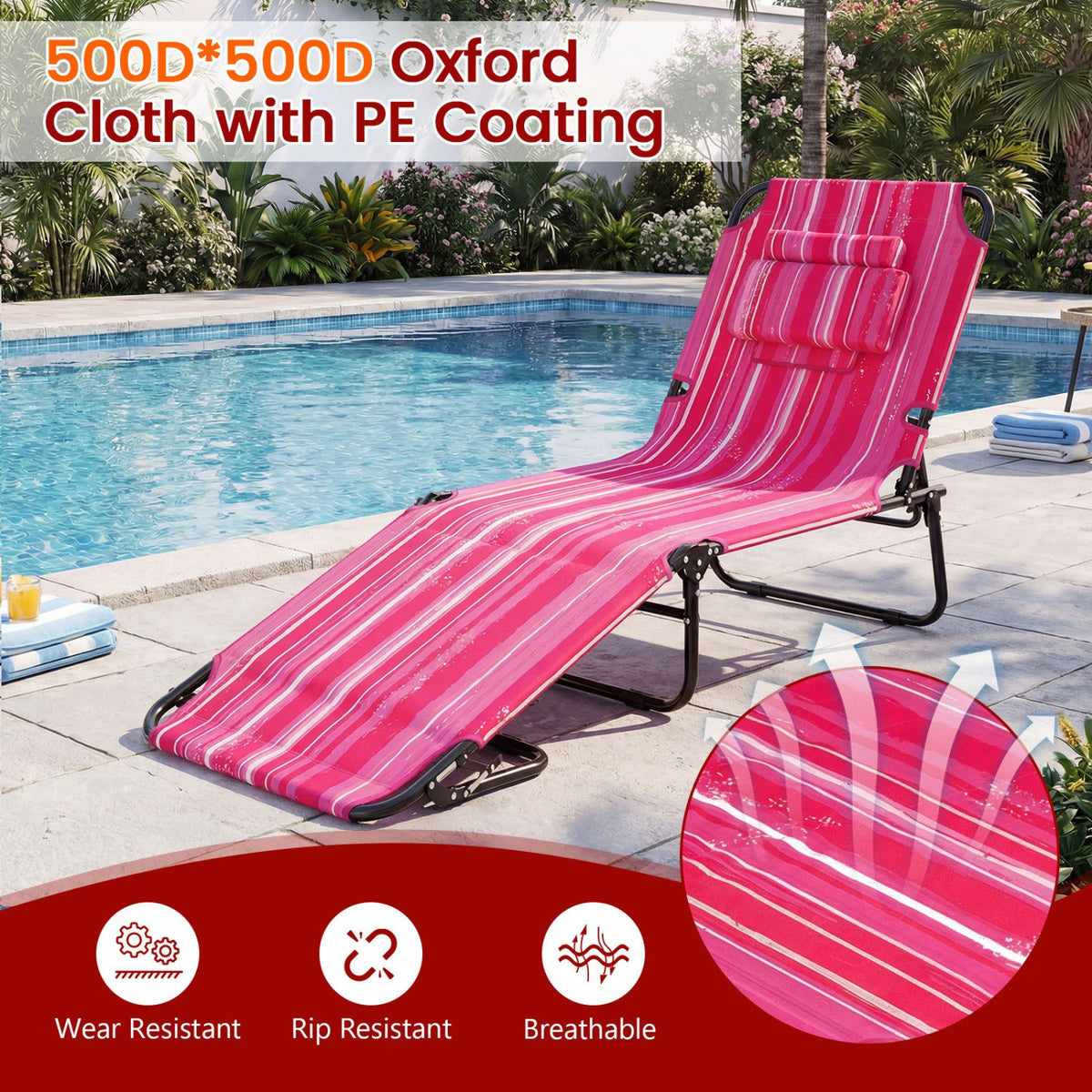 Set of 2 Folding Face Down Tanning Chair with Face Hole 3 Removable Pillows-Pink Stripe view 5