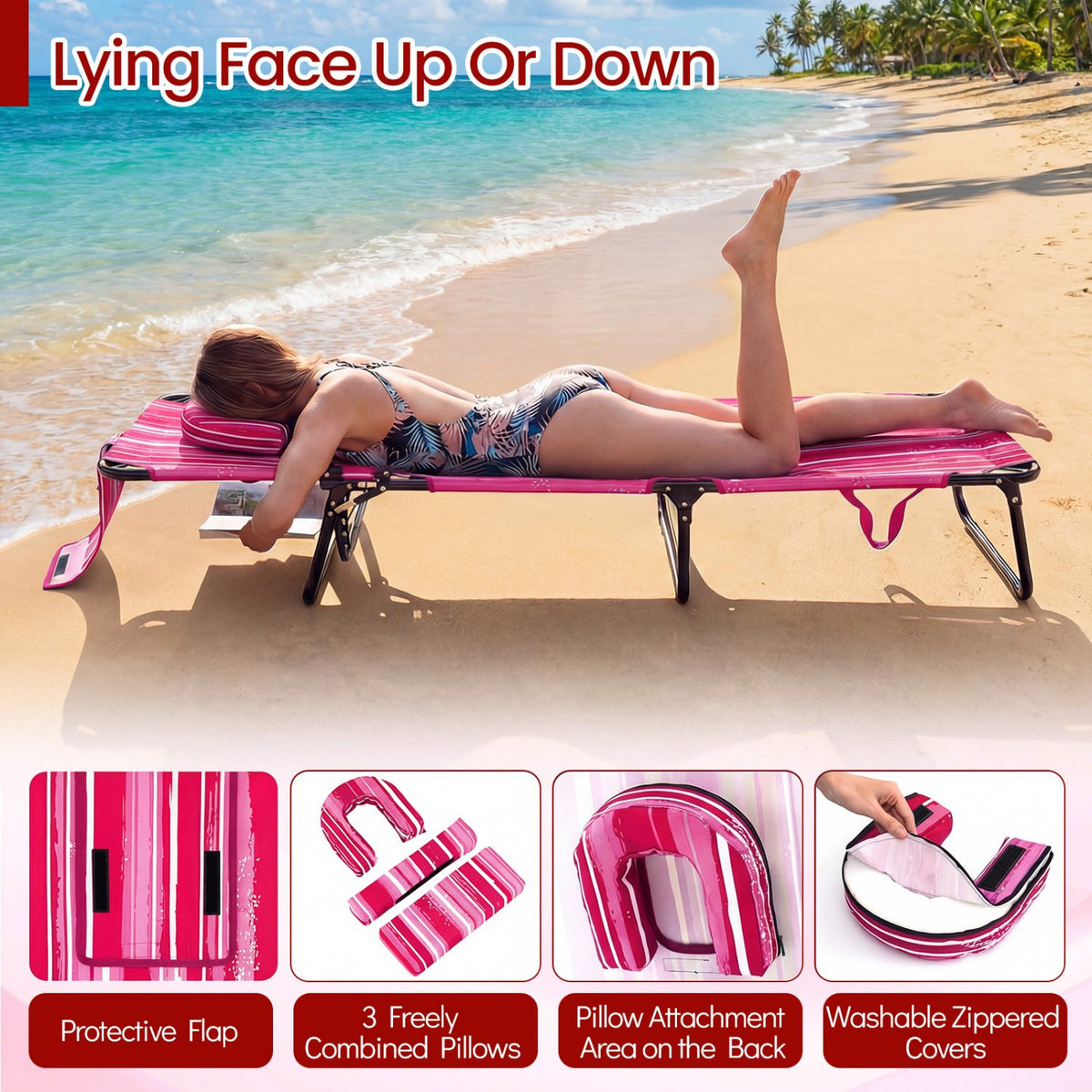 Set of 2 Folding Face Down Tanning Chair with Face Hole 3 Removable Pillows-Pink Stripe view 7