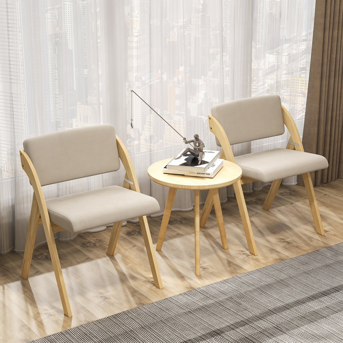 Set of 2 Folding Kitchen Dining Chairs with Rubber Wood Legs-Natural view 2
