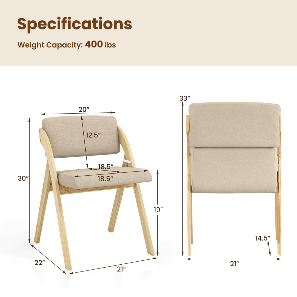 Set of 2 Folding Kitchen Dining Chairs with Rubber Wood Legs-Natural view 4