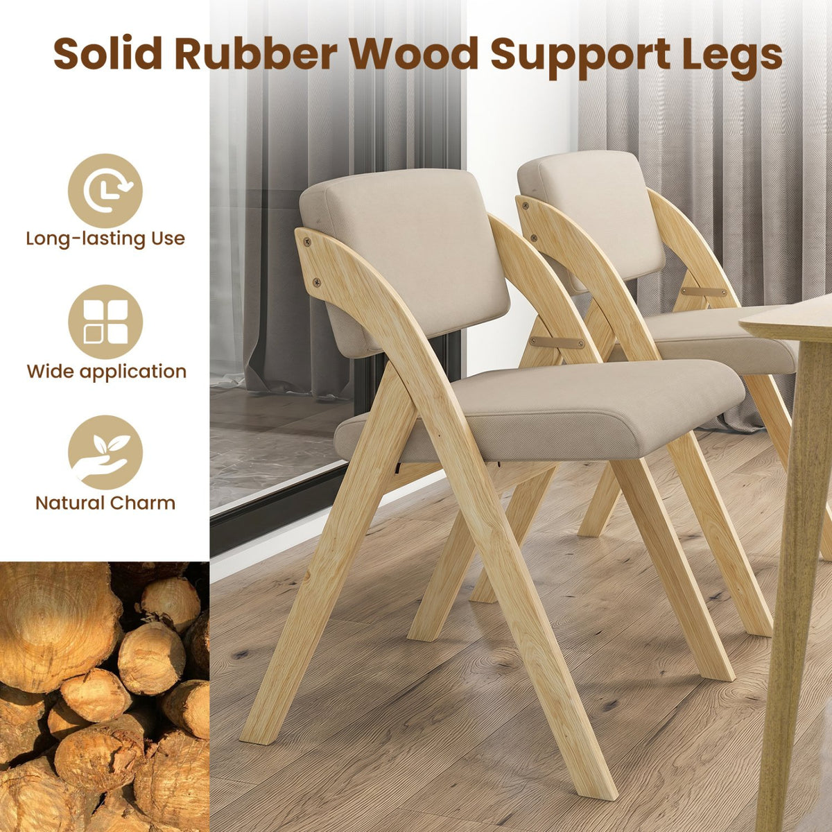 Set of 2 Folding Kitchen Dining Chairs with Rubber Wood Legs-Natural view 5