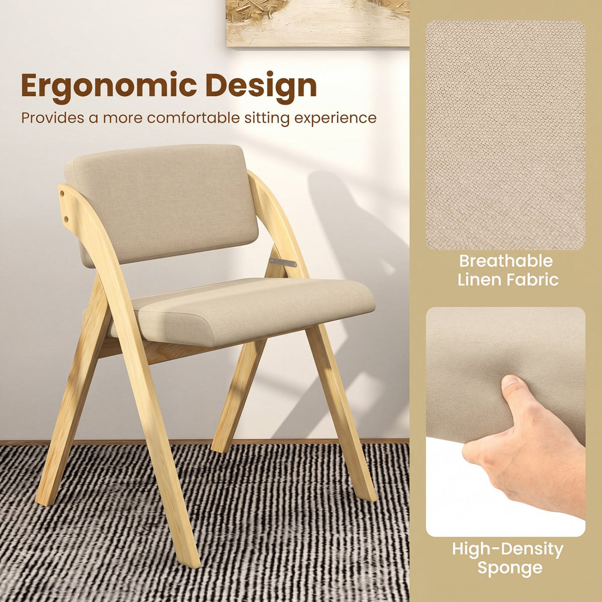 Set of 2 Folding Kitchen Dining Chairs with Rubber Wood Legs-Natural view 6