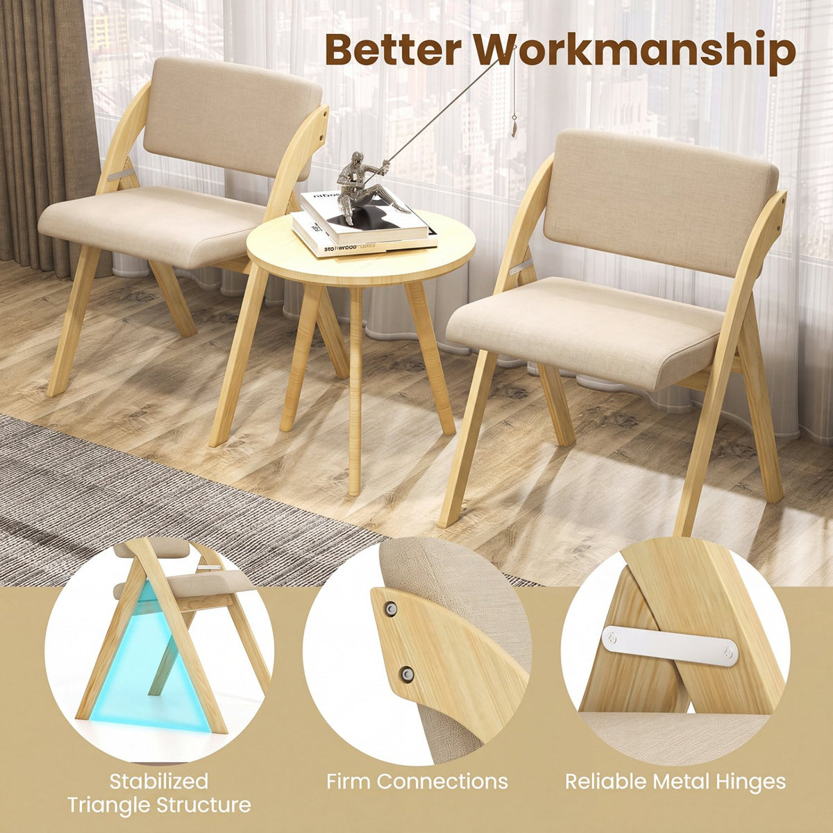 Set of 2 Folding Kitchen Dining Chairs with Rubber Wood Legs-Natural view 7