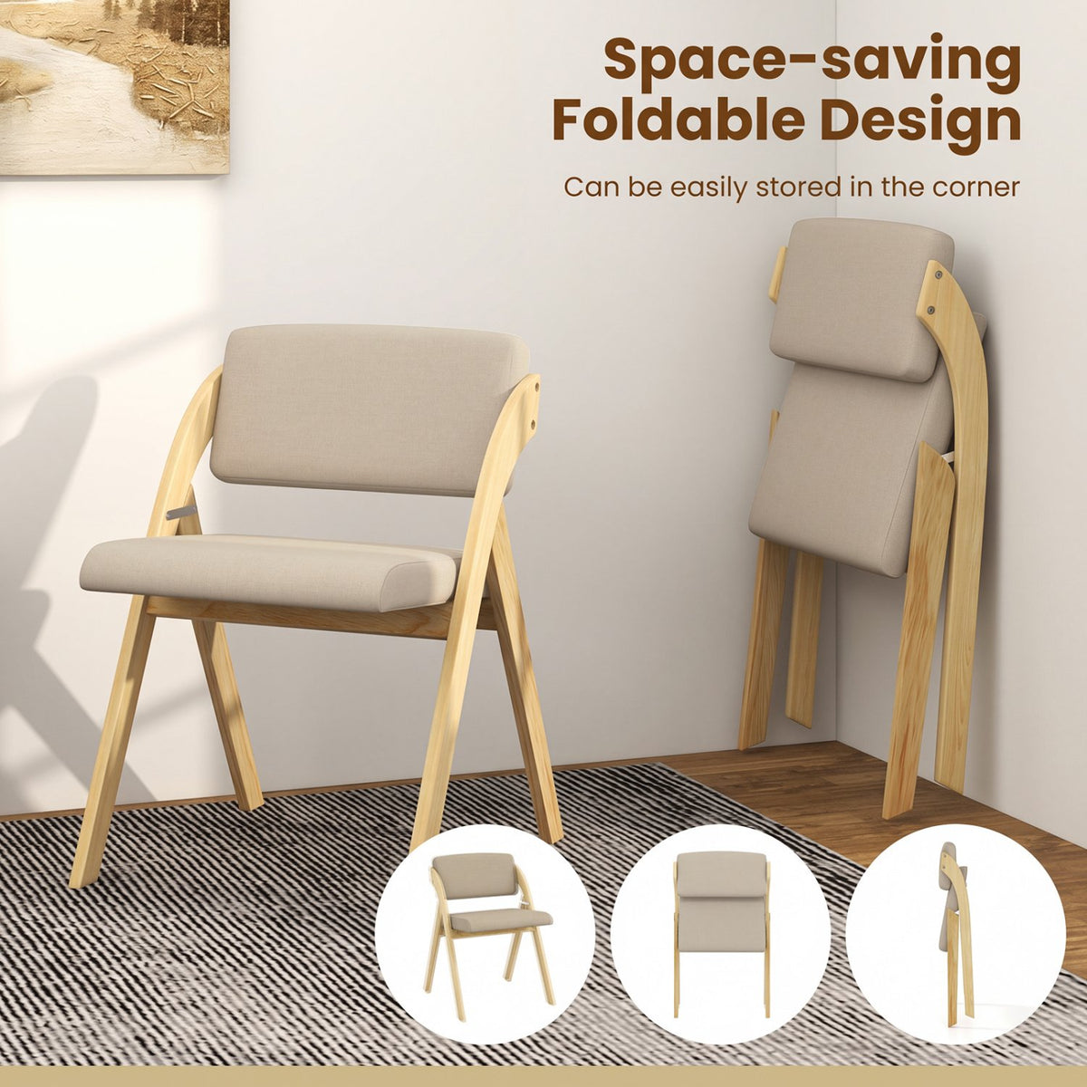 Set of 2 Folding Kitchen Dining Chairs with Rubber Wood Legs-Natural view 8
