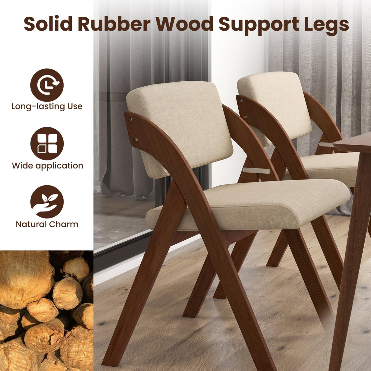 Set of 2 Folding Kitchen Dining Chairs with Rubber Wood Legs-Walnut view 5