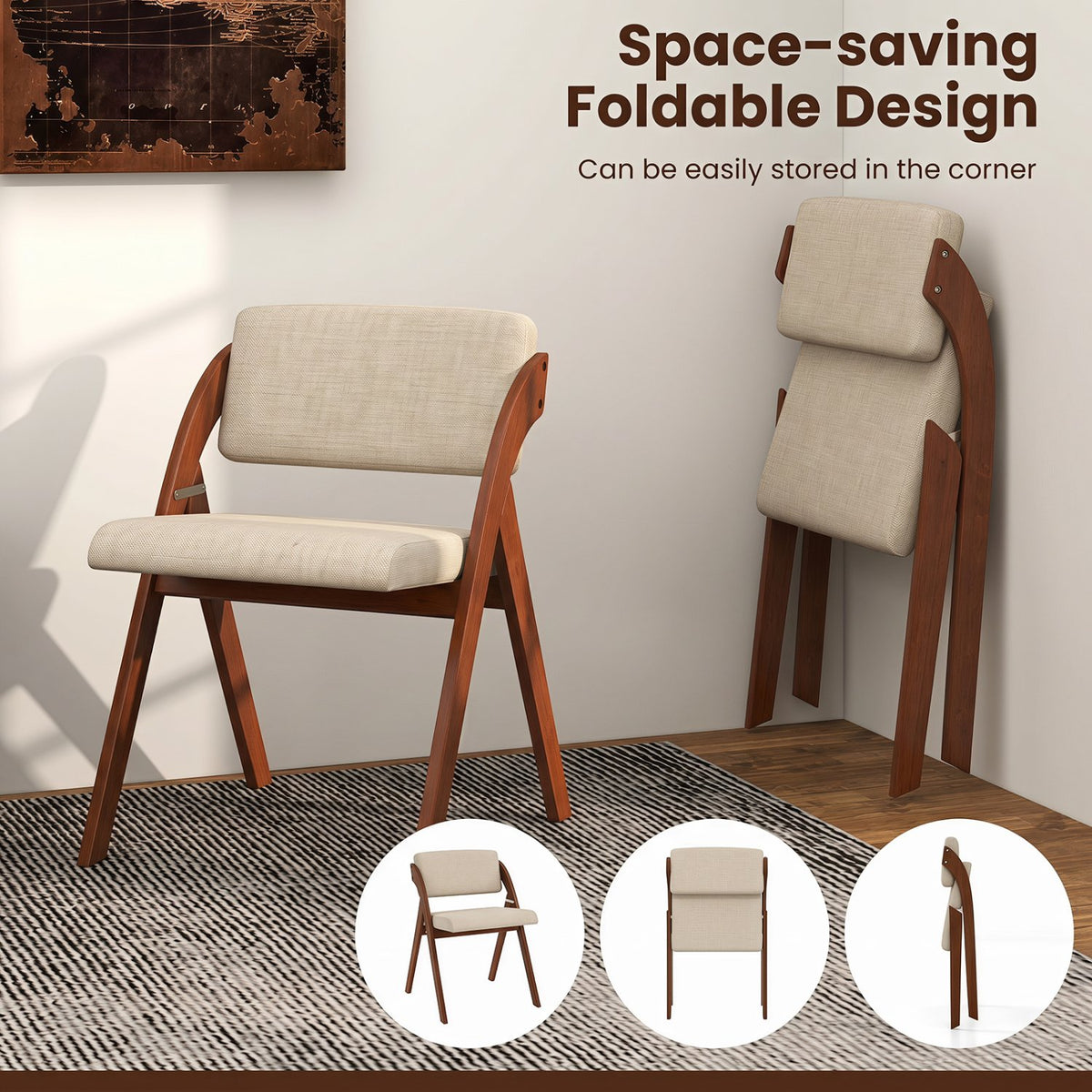 Set of 2 Folding Kitchen Dining Chairs with Rubber Wood Legs-Walnut view 6