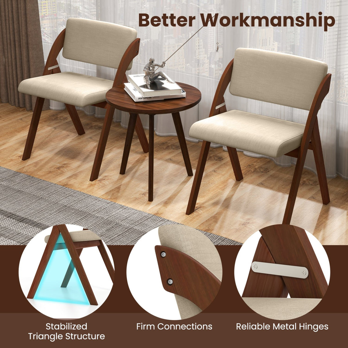 Set of 2 Folding Kitchen Dining Chairs with Rubber Wood Legs-Walnut view 7