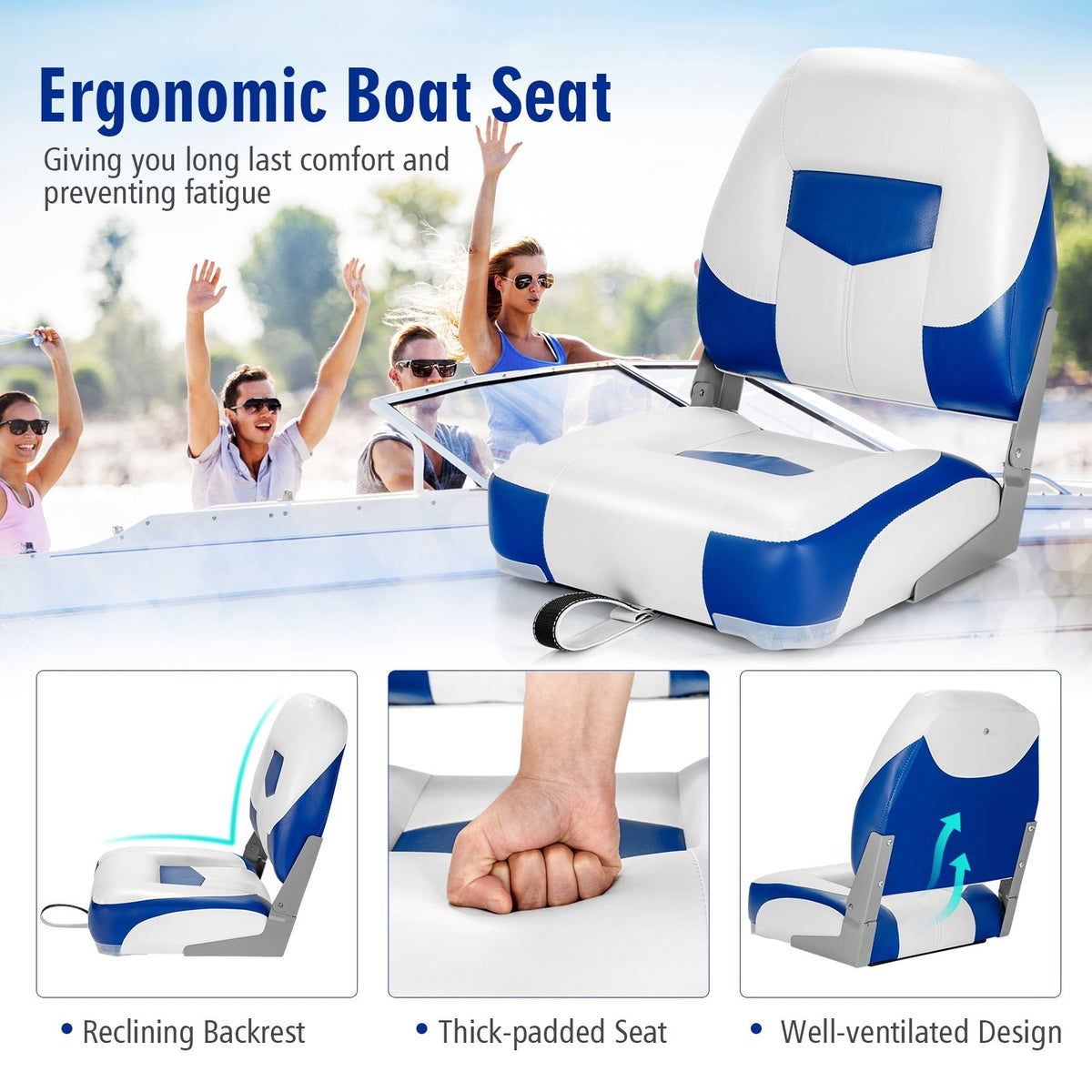 Set of 2 Folding Low Back Fishing Boat Seat with Stainless Steel Screws-Blue view 9