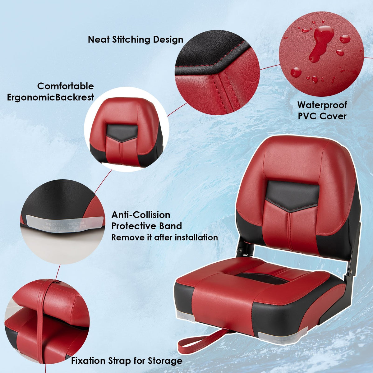 Set of 2 Folding Low Back Fishing Boat Seats with Stainless Steel Screws-Red view 6