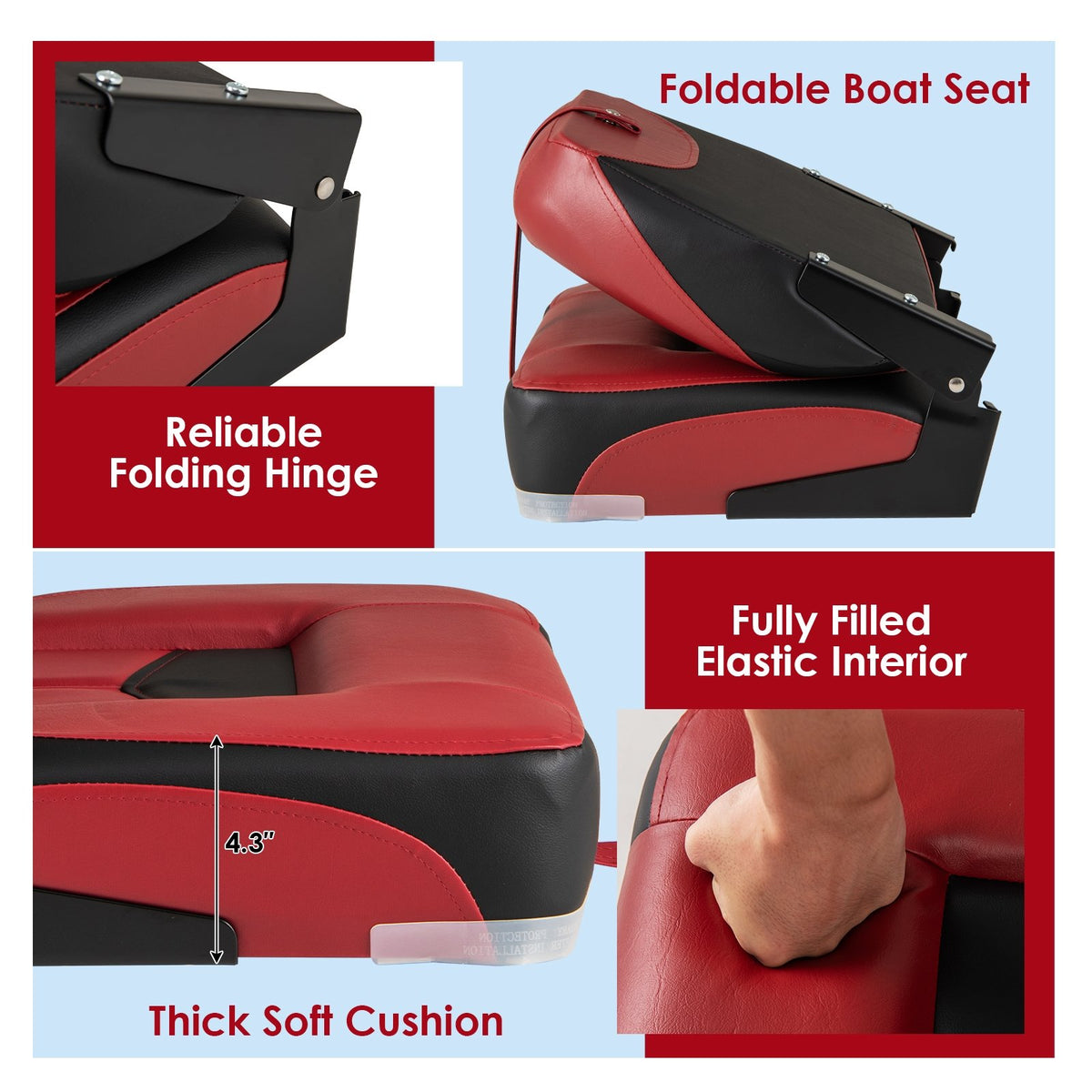 Set of 2 Folding Low Back Fishing Boat Seats with Stainless Steel Screws-Red view 9
