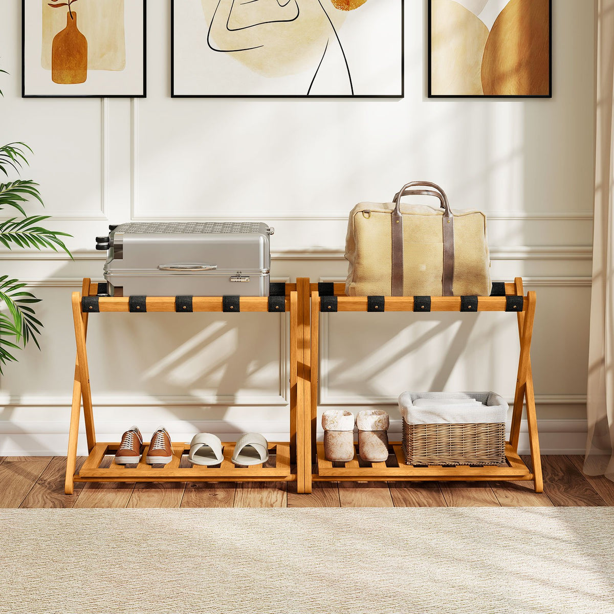 Set of 2 Folding Luggage Racks with 5 Nylon Straps and Slatted Storage Shelf view 2
