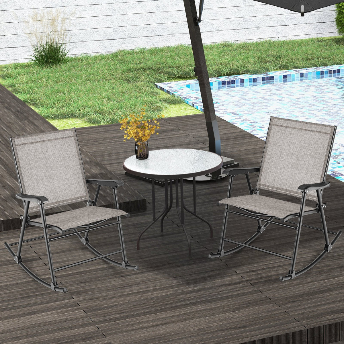 Set of 2 Folding Rocking Chair with Breathable Seat Fabric-Brown view 2