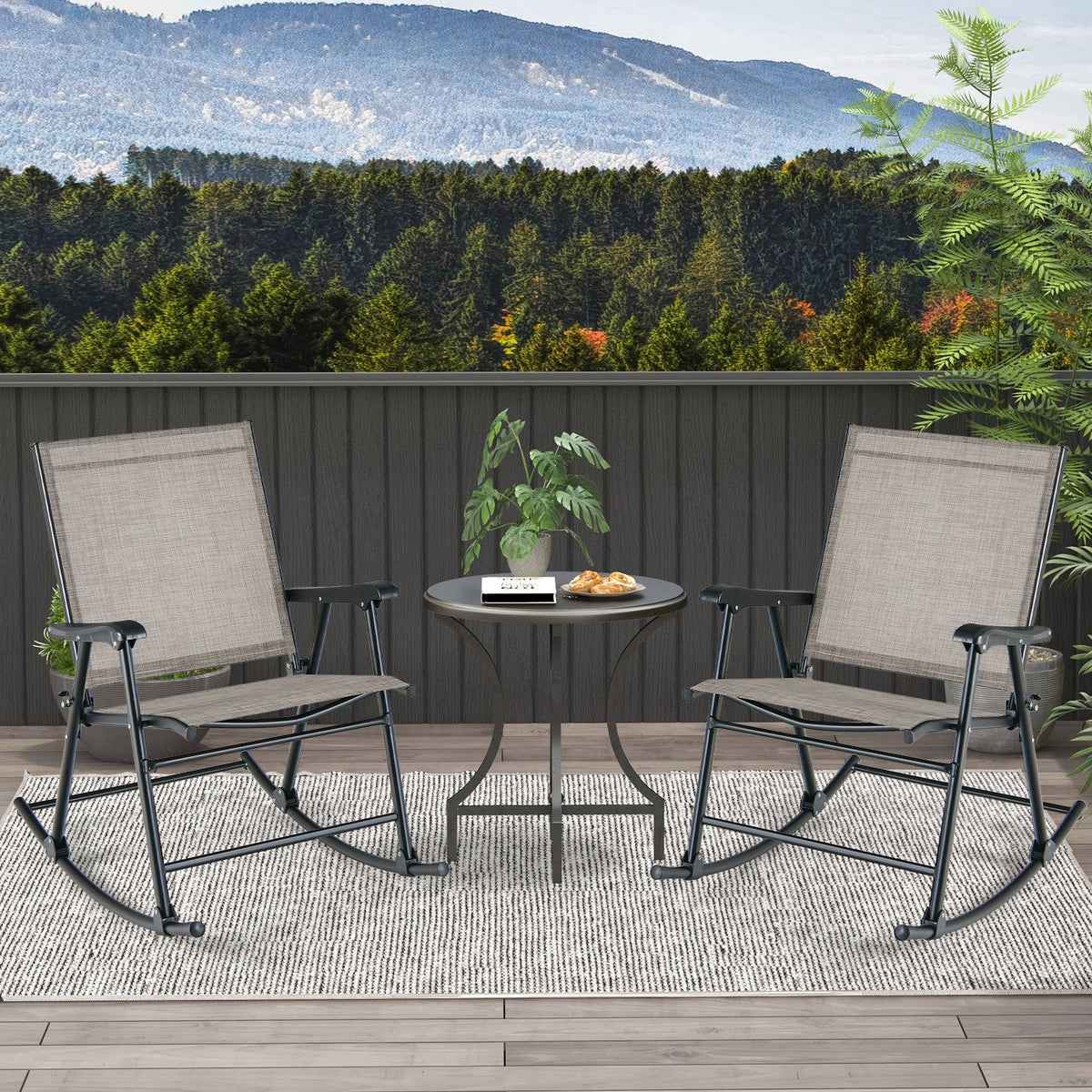 Set of 2 Folding Rocking Chair with Breathable Seat Fabric-Brown view 3