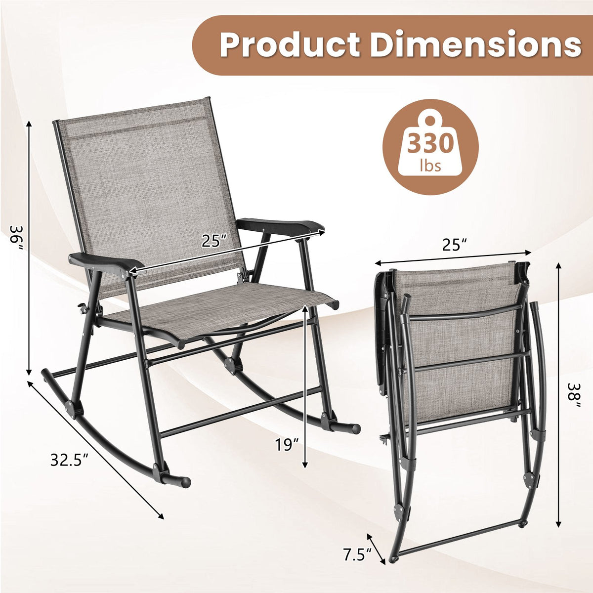 Set of 2 Folding Rocking Chair with Breathable Seat Fabric-Brown view 4