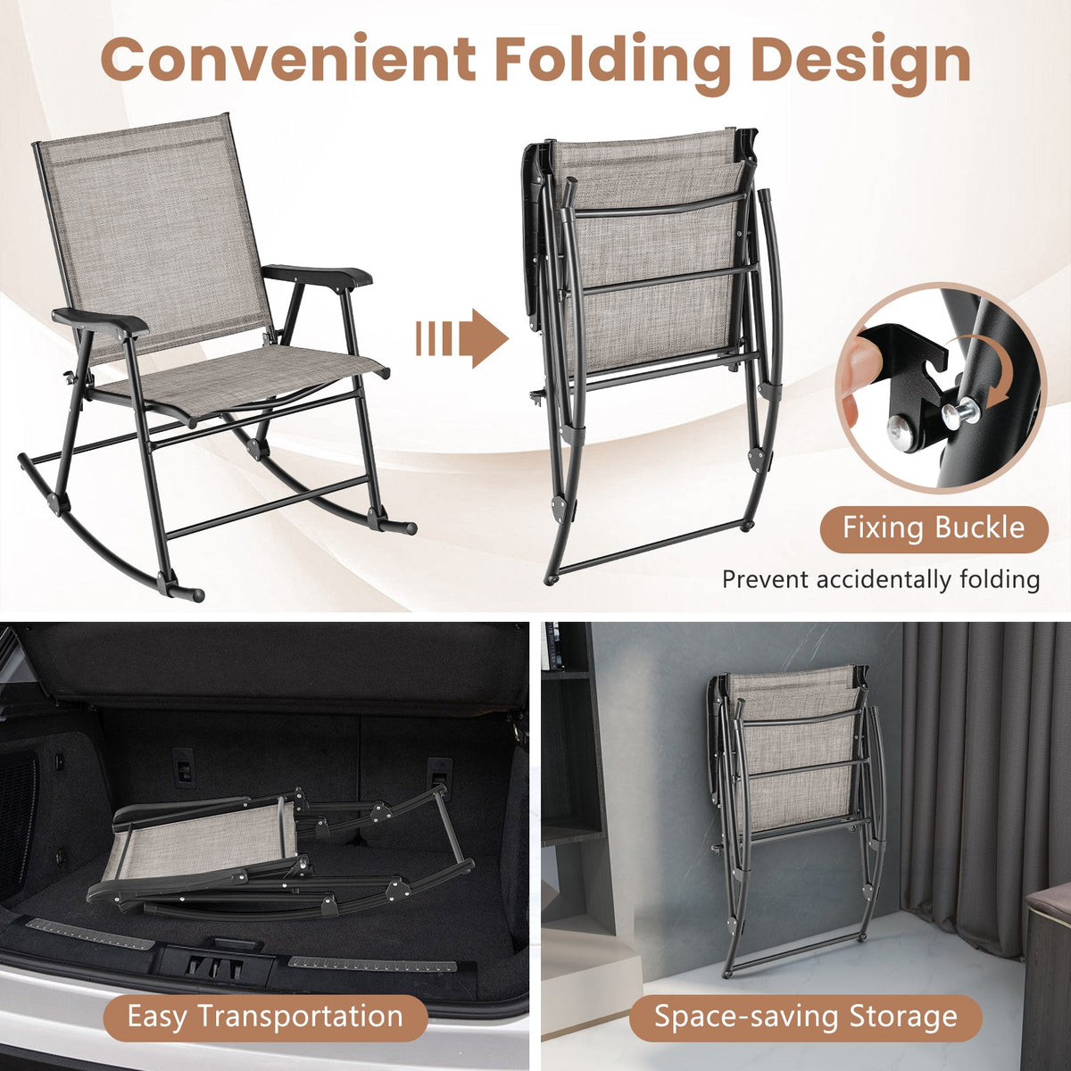 Set of 2 Folding Rocking Chair with Breathable Seat Fabric-Brown view 6
