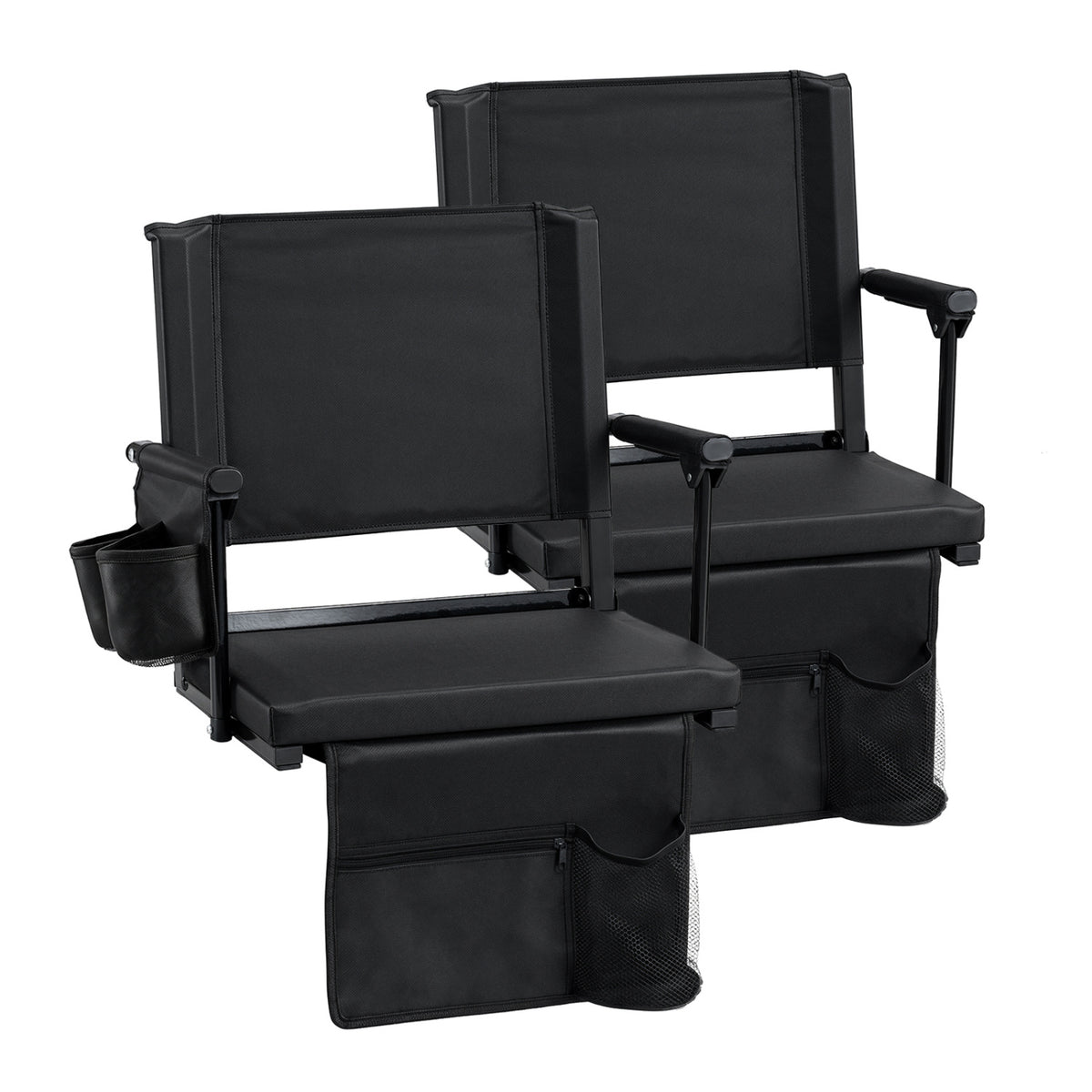 Set of 2 Folding Stadium Seat with Cup Holders and Pockets-Black