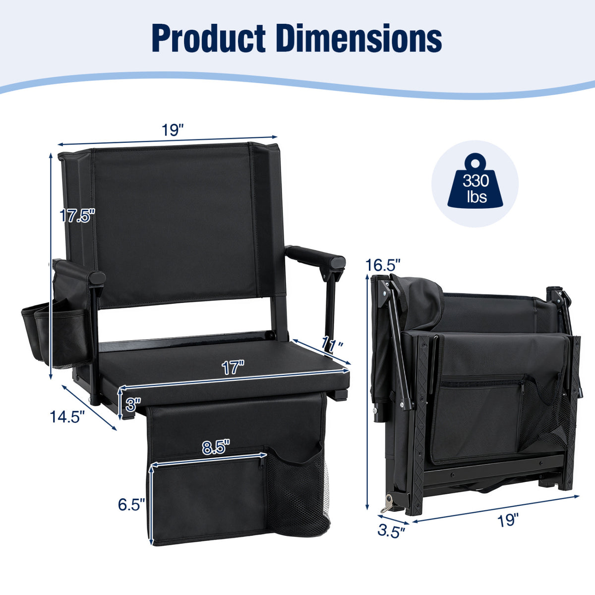 Set of 2 Folding Stadium Seat with Cup Holders and Pockets-Black view 5