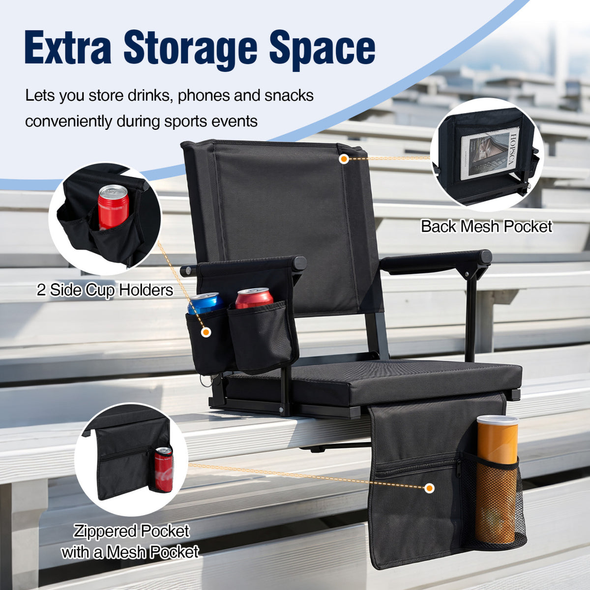 Set of 2 Folding Stadium Seat with Cup Holders and Pockets-Black view 6