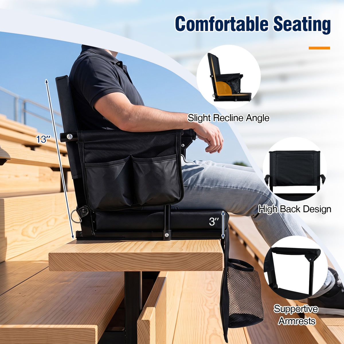 Set of 2 Folding Stadium Seat with Cup Holders and Pockets-Black view 8