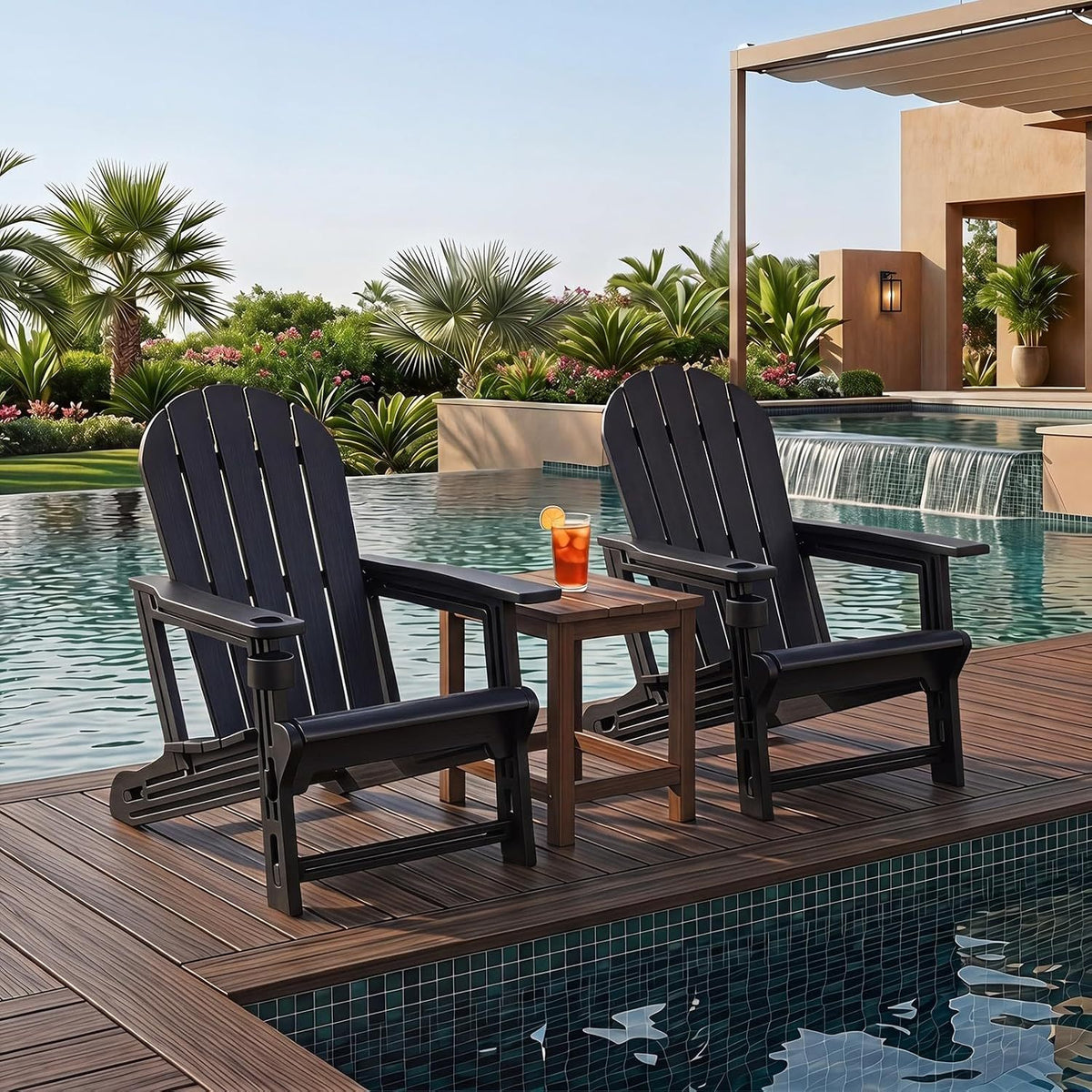 Set of 2 HDPE Adirondack Chair with Cup Holder and Wooden Texture for Patio-Black view 2