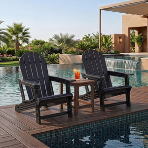 Set of 2 HDPE Adirondack Chair with Cup Holder and Wooden Texture for Patio-Black view 2