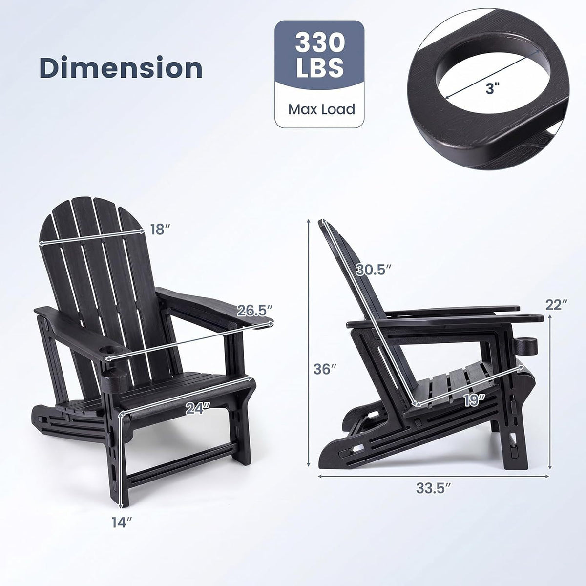 Set of 2 HDPE Adirondack Chair with Cup Holder and Wooden Texture for Patio-Black view 3