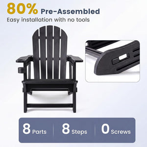 Set of 2 HDPE Adirondack Chair with Cup Holder and Wooden Texture for Patio-Black view 4