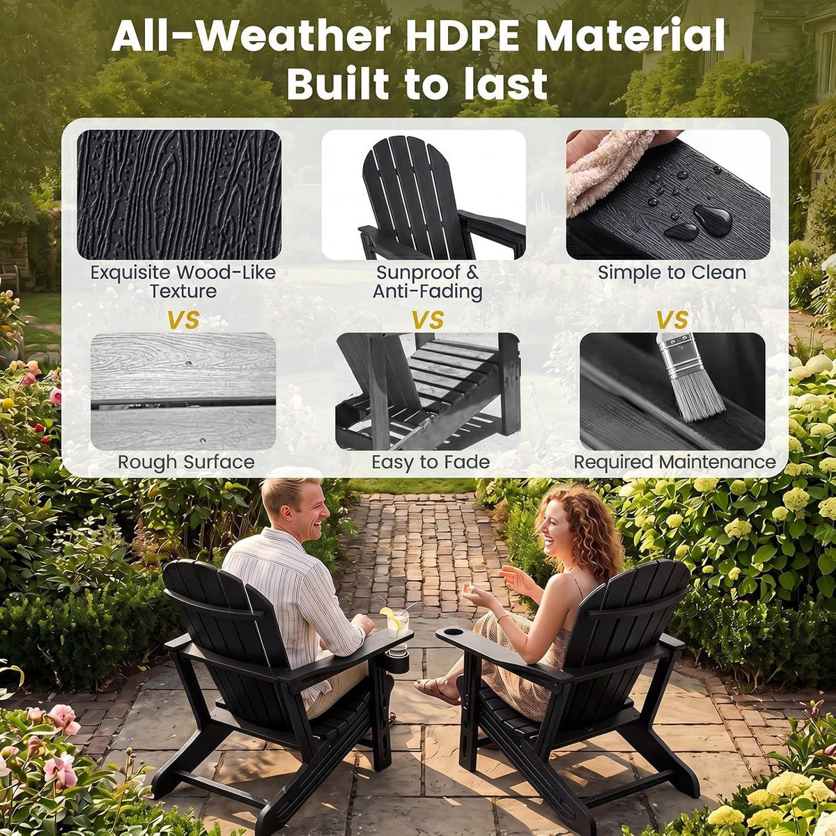 Set of 2 HDPE Adirondack Chair with Cup Holder and Wooden Texture for Patio-Black view 6