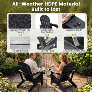 Set of 2 HDPE Adirondack Chair with Cup Holder and Wooden Texture for Patio-Black view 6