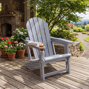 Set of 2 HDPE Adirondack Chair with Cup Holder and Wooden Texture for Patio-Gray view 8