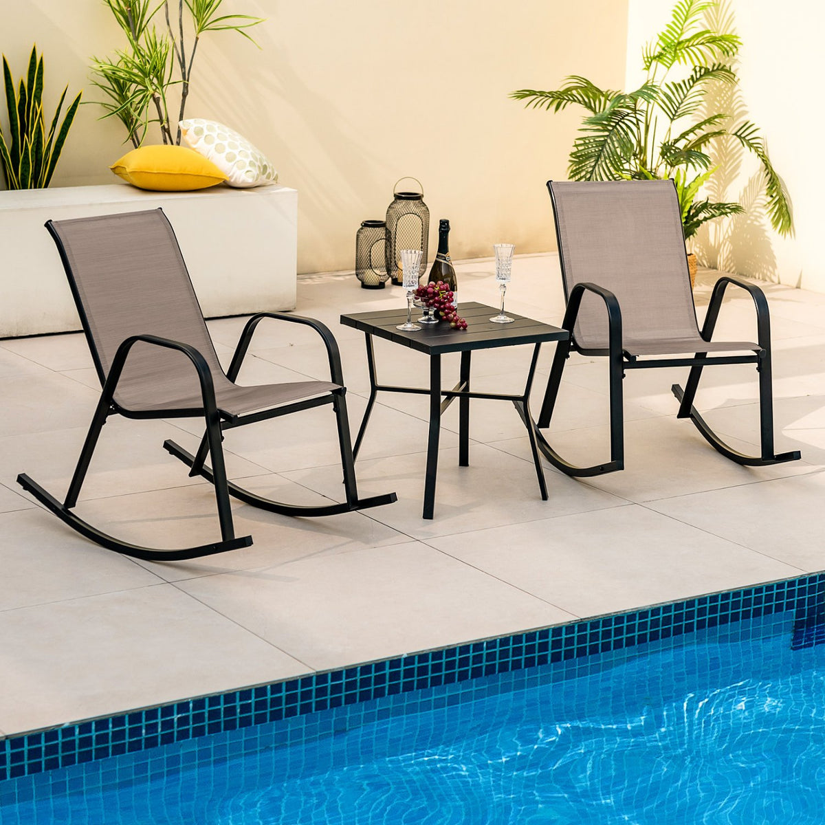 Set of 2 Heavy-Duty Metal Patio Rocking Chair with Breathable Seat Fabric-Brown view 2