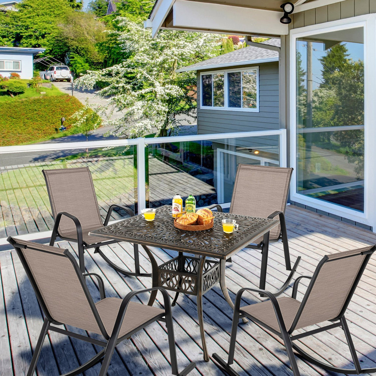 Set of 2 Heavy-Duty Metal Patio Rocking Chair with Breathable Seat Fabric-Brown view 3